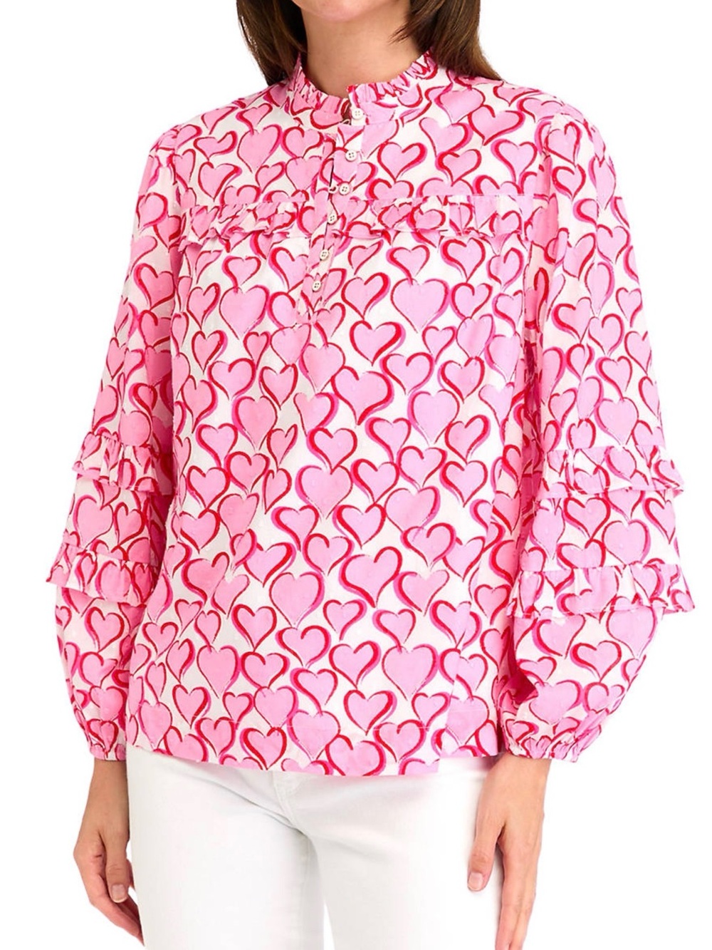 crown & ivy Pink Heart-Print Ruffle Button Blouse